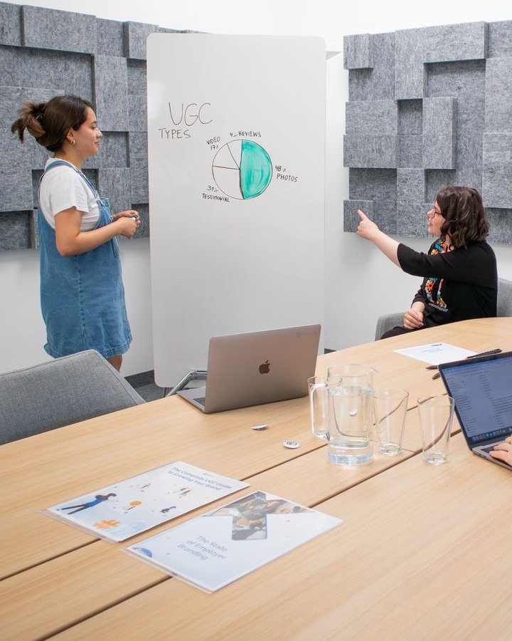 A facilitator at a whiteboard pie chart while a colleague points to one segment, with a laptop and water jug on the meeting table, as in on-site sessions for Al Ain teams