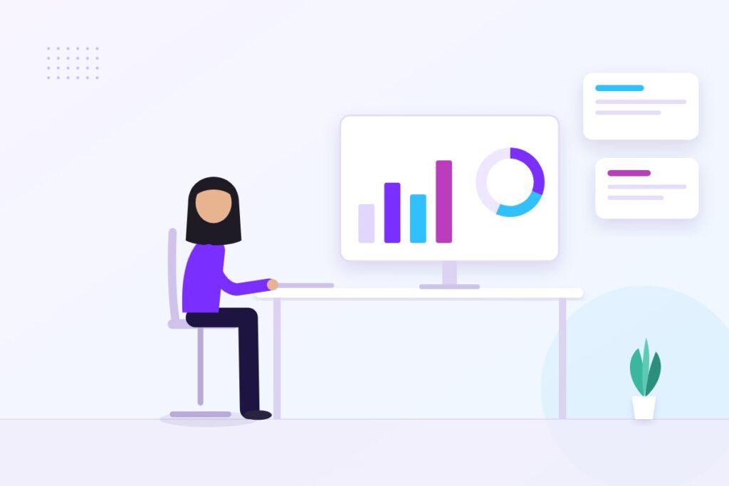 Illustration of an analyst at a desk working on a monitor of bar and donut charts