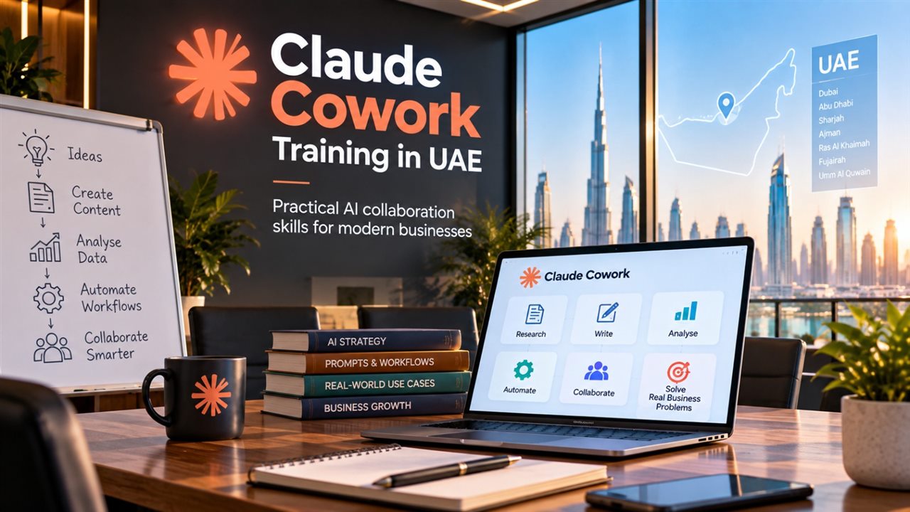 Claude Cowork training set-up for a Skillopedia team workshop in Abu Dhabi, with laptop, workflow board and course books