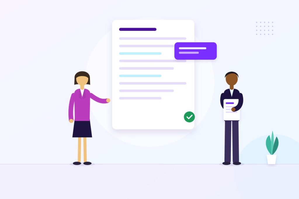 Illustration of two colleagues reviewing a long document with highlighted lines and an approval tick