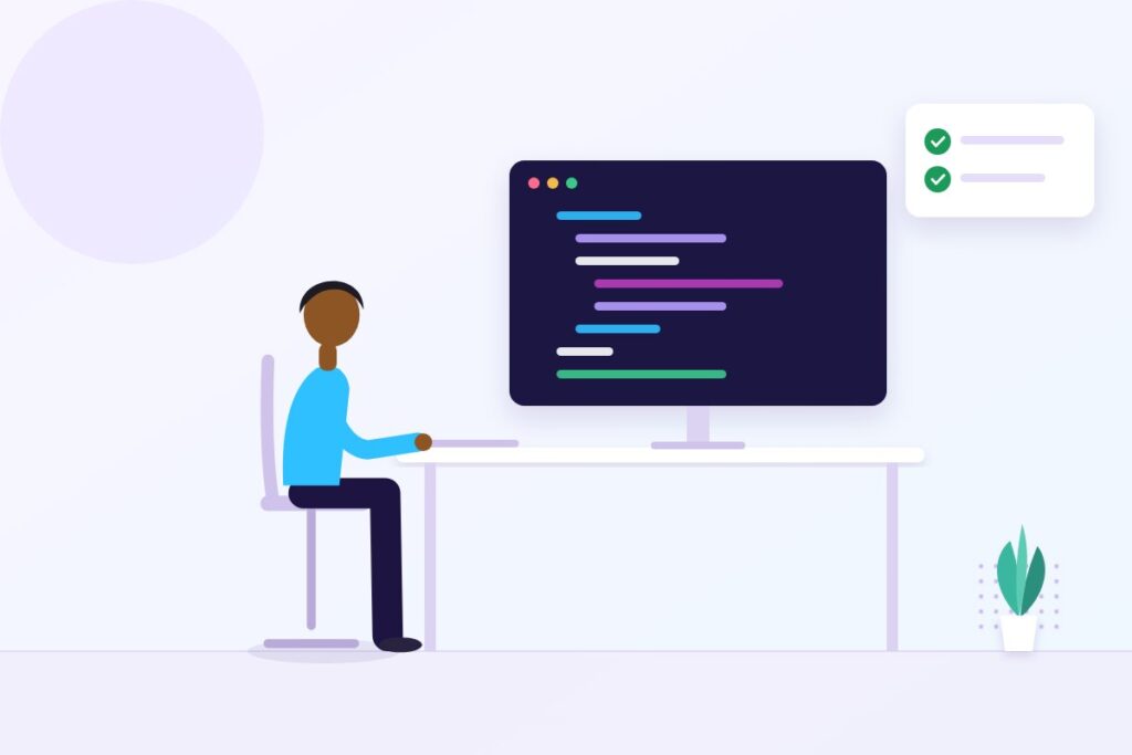 Illustration of a developer at a desk with a code editor on screen and a passed-checks card