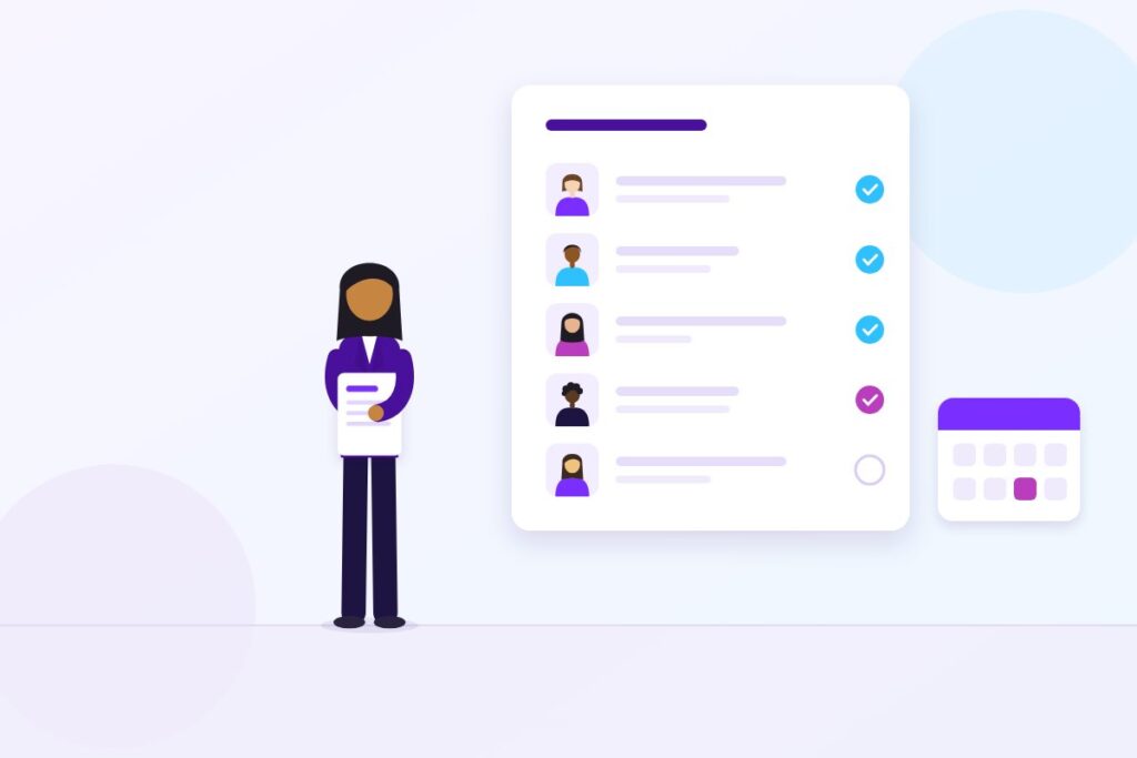 Illustration of an HR and learning lead holding a tablet beside a participant checklist and a training calendar