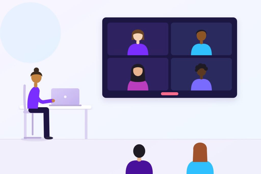 Illustration of a hybrid training session with remote participants on a video wall and colleagues in the room