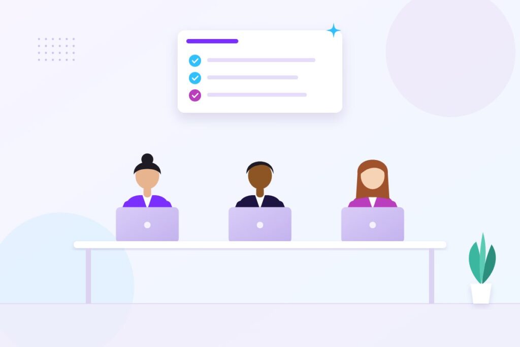 Illustration of three professionals at laptops along one desk, with a shared task plan card above them