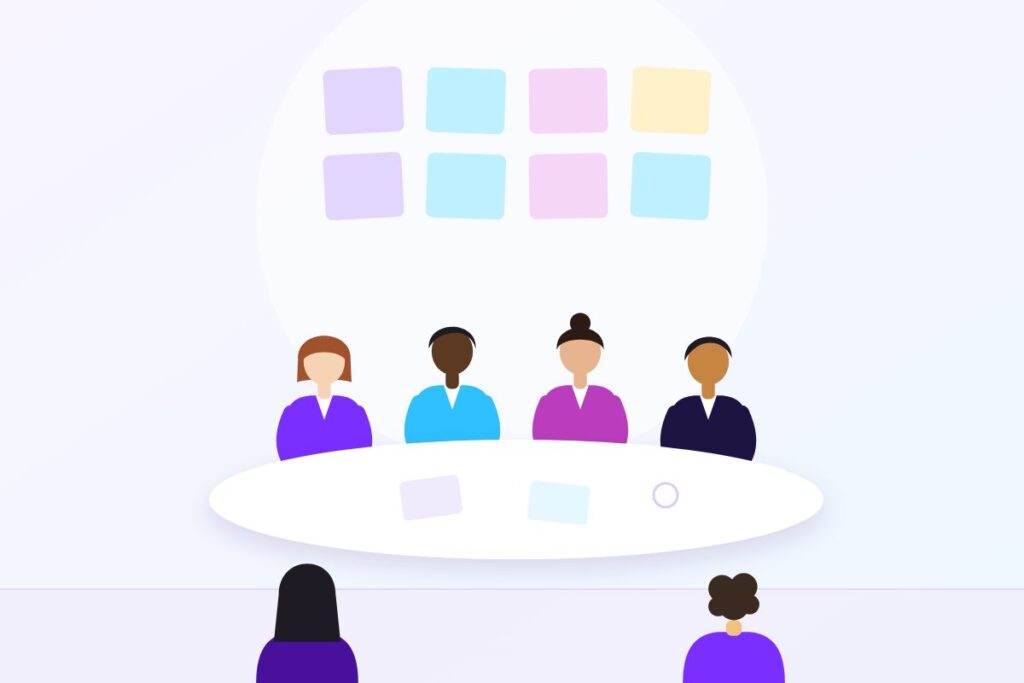 Illustration of a small workshop group around a table with sticky notes on the wall behind them